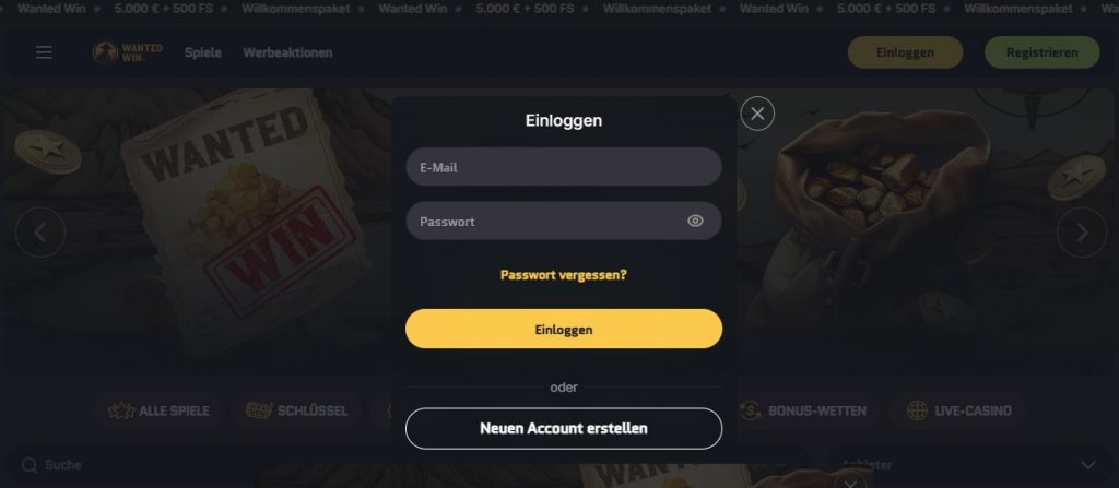Wanted Win Casino Login Formular für Mitglieder mit Email, Passwort und Passwort vergessen Funktion für sicheren Zugang