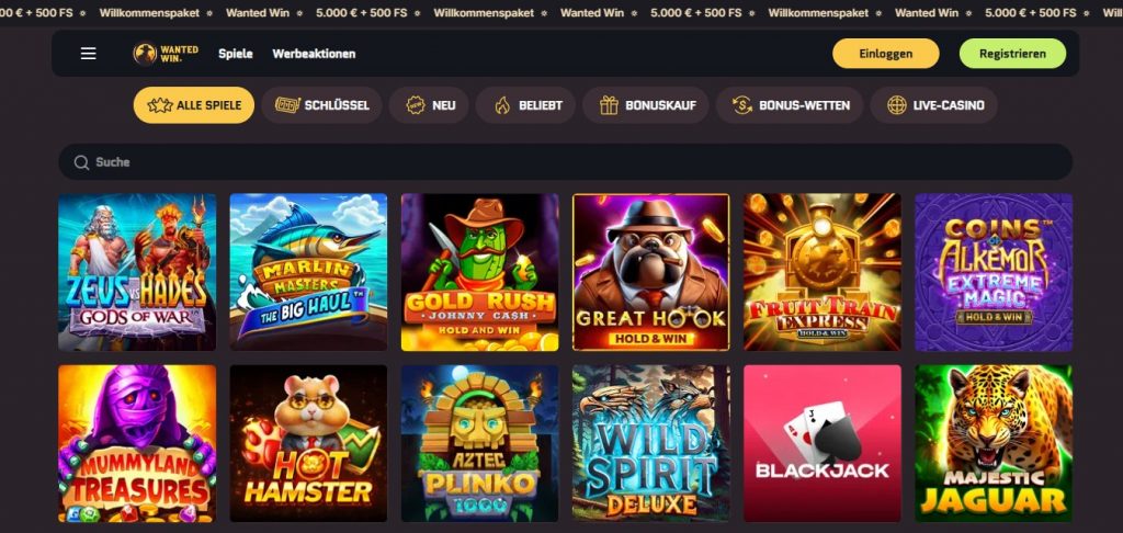 Wanted Win Casino Spieleauswahl mit über 7500 Slots und Spielautomaten