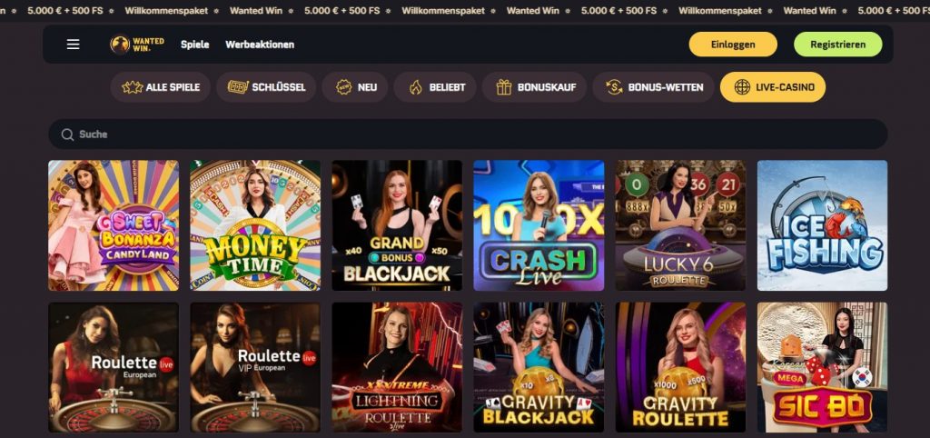 Wanted Win Live Casino Lobby mit Live Roulette Blackjack und Gameshows