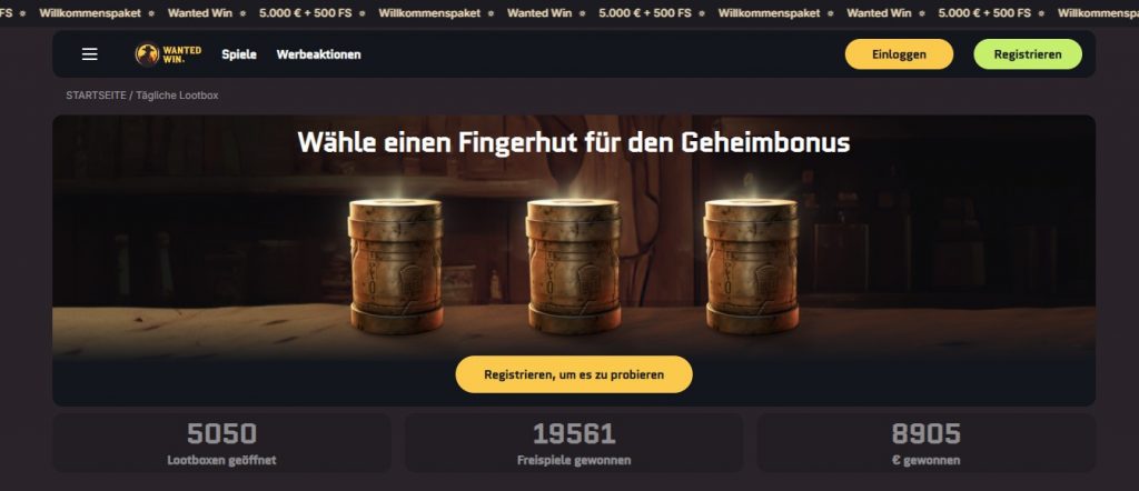 Wanted Win Lootbox Glücksspiel Feature mit drei Hütchen und garantierten Gewinnen bis 100 Euro oder 200 Freispiele