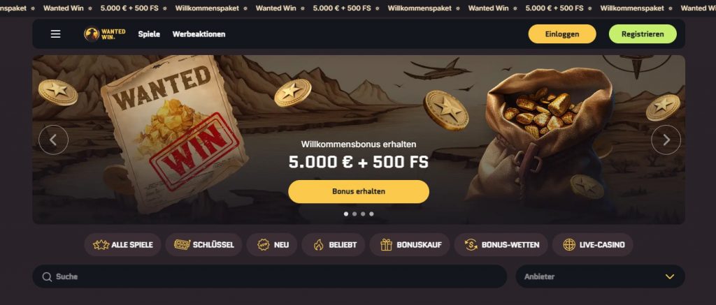 Wanted Win Casino Startseite mit Wild West Design und Willkommensbonus 5000 Euro